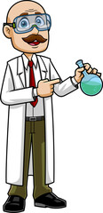 Scientist Teacher Cartoon Character With A Flask Speaks And Shows. Vector Hand Drawn Illustration Isolated On Transparent Background