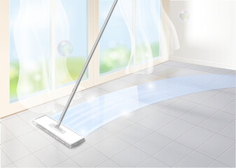 Realistic mop cleaning tile floor in empty shining room. Clean window and cleaned surface. Mop wiping white tiled floor indoors. - 525350532