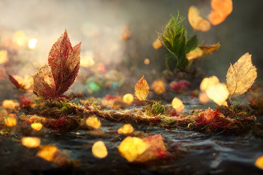 abstract illustration of many dry leaves of golden color and bokeh