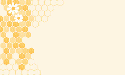 Beehive honey sign with hexagon grid cells and white flower on yellow background vector.