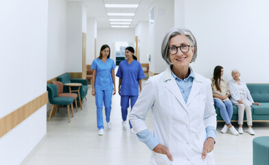 Friendly female general practitioner wearing medical uniform standing in modern medical clinic...