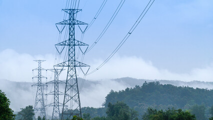 Power line pylon in mountainous area.