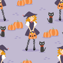 Lovely Witch Girl in Halloween Theme Seamless Pattern