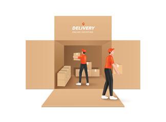 Male courier in orange uniform helps unload parcel from a large warehouse shaped like brown crate to deliver to customers,vector 3d isolated on white background for online shopping and delivery design