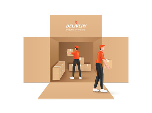 Male courier in orange uniform helps unload parcel from a large warehouse shaped like brown crate to deliver to customers,vector 3d isolated on white background for online shopping and delivery design