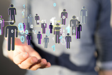 holding 3D rendering group of blue people