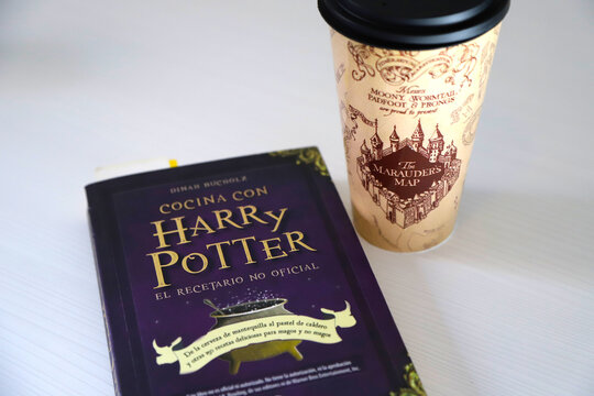 Cookbook with Harry Potter by Dinah Bucholz. The unofficial cookbook of movie and books. Marauder's Map Tumbler. Glass from the movie and books by J. K. Rowling. Hogwarts school. 