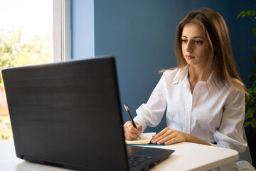 Young business woman sitting in cafe writing notes in notebook, freelancer working online using laptop, looking for job online at cafe, empty space