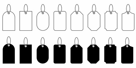 thin line silhouette price tags or gift tags in different shapes isolated on white background