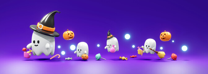 3D Rendering cute little ghost walking for trick or treat Halloween parade on background. 3d render cartoon style.