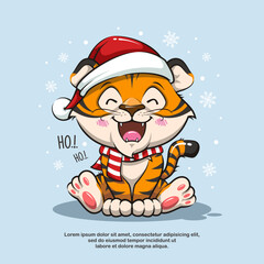 Cute Cartoon Tiger Wearing Hat Santa Claus On Blue Background And Snowflakes