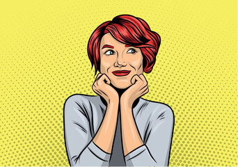 Pop art style. Portrait of a girl with red hair on a yellow background, who is dreaming. hands near her face, eyes look up
