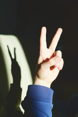 Man's hand makes gestures. Non-verbal communication. Two fingers as a symbol of victory, peace and celebration.