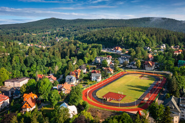 Sports running track of the Szklarska Poreba town in the Karkonosze Mountains, Poland.