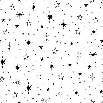 Line star glitter shine of doodle seamless pattern. Star shine glow, spark glitter, sparkle light background. Hand drawn sketch doodle style vector illustration.