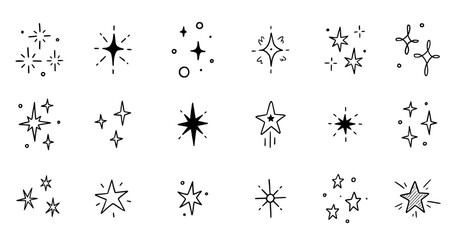 Line star glitter shine of doodle set. Star shine glow, spark glitter, sparkle light vector illustration. Hand drawn sketch doodle style..