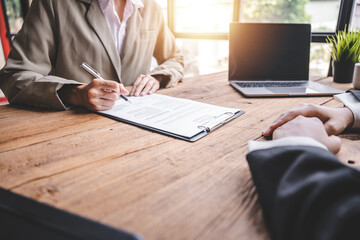 Portrait of a person interviewing for a job and.Submit resume to staff job application concept