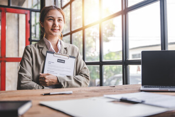 Portrait of a person interviewing for a job and.Submit resume to staff job application concept