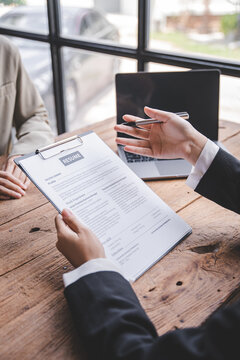 Portrait of a person interviewing for a job and.Submit resume to staff job application concept