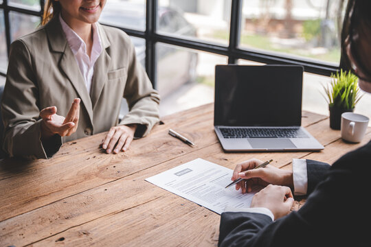 Portrait of a person interviewing for a job and.Submit resume to staff job application concept