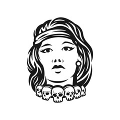 woman with long hair in a headband with a skull around her neck