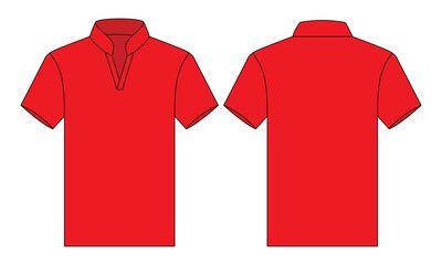 Blank Red Short Sleeve V-Neck Stand Collar - Tracksuit Shirt Template On White Background.Front and Back View, Vector File