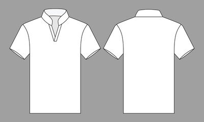 Blank White Short Sleeve V-Neck Stand Collar-Tracksuit Shirt Template on Gray Background. Front and Back View, Vector File