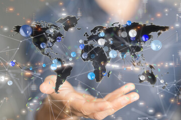 abstract lines with dots over dark background.