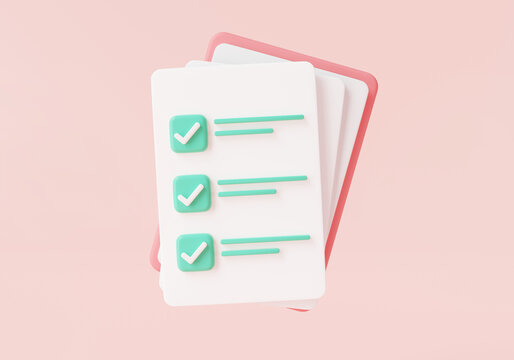 Clipboard With Checklist Icon On Pink Background. Check Marks On Paper, Planning And Organization Of Work, Project Plan, Document With Check Marks. Business Concept. 3d Icon Rendering Illustration