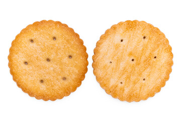 Healthy whole wheat cracker on white background. Stack of Saltine crackers isolated on white background. Round crackers.