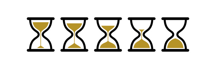 Collection of hourglass icons. Symbol of time, waiting or loading. Isolated vector illustration on white background. - obrazy, fototapety, plakaty