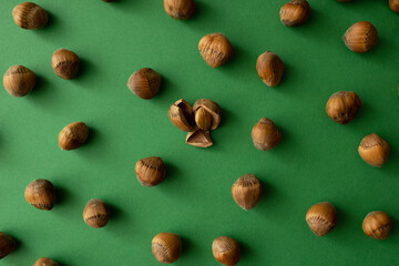 Elegant  autumn concept with hazelnuts and one with broken shell. Autumn 2022 dark green background.