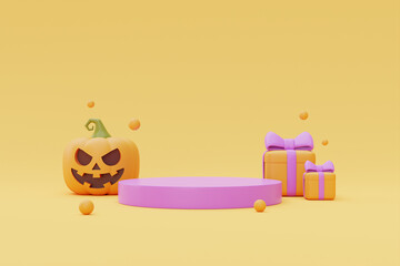 Happy Halloween with podium display and Jack-o-Lantern pumpkins and gift boxes on yellow background, traditional october holiday, 3d rendering.