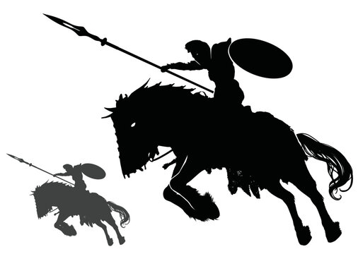 recommend clip art: A black silhouette with a warrior girl, she is a valkyrie in plate armor in an epic jump riding a horse with a spear and shield, she rushes into battle. 2d vector art.