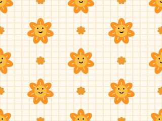 Sun cartoon character seamless pattern on orange background