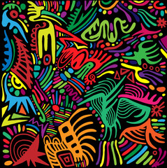 Primitive psychedelic colorful patterns, isolated on black background. Fantastic art with decorative simple background. Surreal doodle style. Rainbow abstract texture.