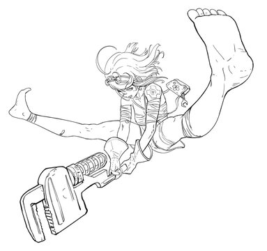 A cute and energetic anime girl makes a swing with a heavy wrench after an extreme acrobatic flip, she smiles with an oar, she does not have mechanic glasses, bandages and a bag. 2d action line art