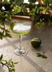 Beautiful green coctail with mint syrup,lime and green leaves on stone background.Close up of...