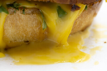 Melted cheese in a cheeseburger on a white background close-up
