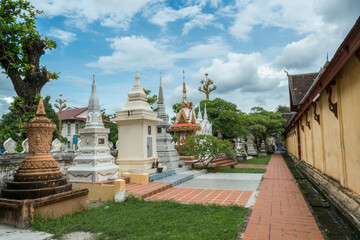 Wat Si Saket Temple in Vientiane, Laos. It was built in the Siamese style of Buddhist Art, with a surrounding terrace and an ornate five-tiered roof