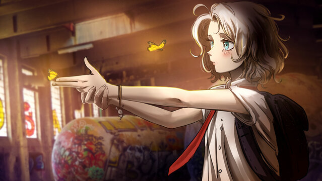 A cute anime girl makes a hand gun gesture, at this moment magical yellow butterflies fly to her, she wanders through an abandoned building at sunset painted with chaotic graffiti. 2d cartoon art
