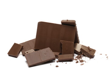 Dark chocolate with cocoa bars, pieces isolated on white  