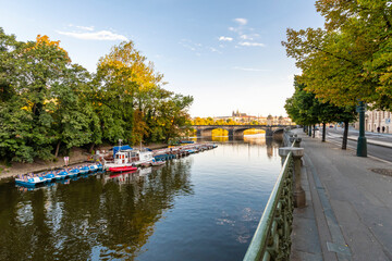 Fototapeta na wymiar Vitava River riverside view in Prague City