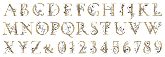 Gold floral alphabet, golden foil monogram letters with black line art flowers, buds and leaves, botanical alphabet isolated on white background