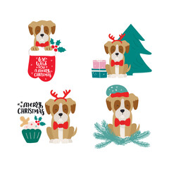 Christmas puppy dog boxer. Merry Christmas for dog lover. Cute cartoon vector illustration. Holidays design element for greeting cards, stickers, t shirt, poster.