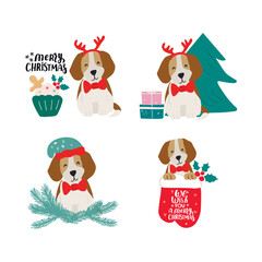 Christmas puppy dog beagle. Merry Christmas for dog lover. Cute cartoon vector illustration. Holidays design element for greeting cards, stickers, t shirt, poster.