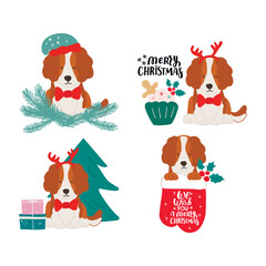 Christmas puppy dog cocker spaniel. Merry Christmas for dog lover. Cute cartoon vector illustration. Holidays design element for greeting cards, stickers, t shirt, poster.