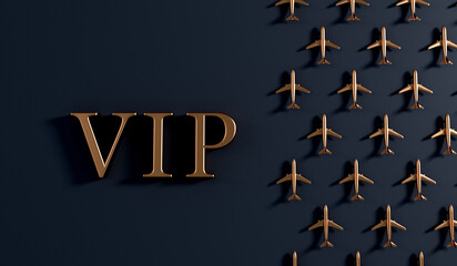 VIP airplane travel service gold background. 3D Rendering