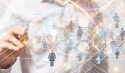 holding 3D rendering group of blue people