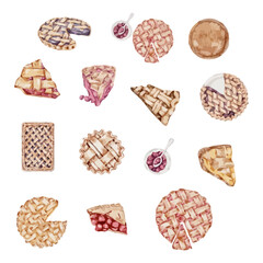 Set of pie cake in water color style vector illustration